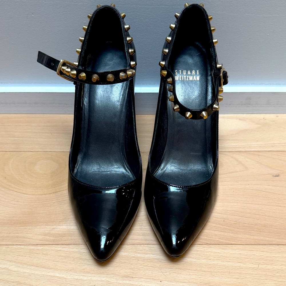 Stuart Weitzman Black Patent Heels with Gold Studs